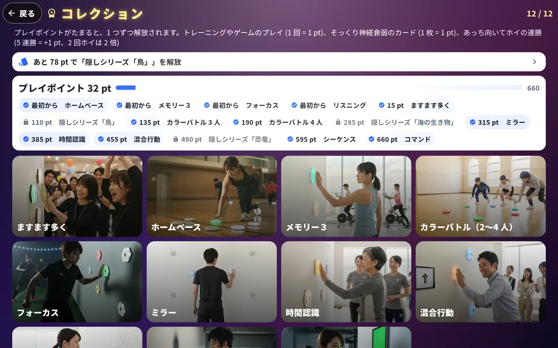 コレクション：遊ぶほどポイントがたまり、新しいゲームが開いていく